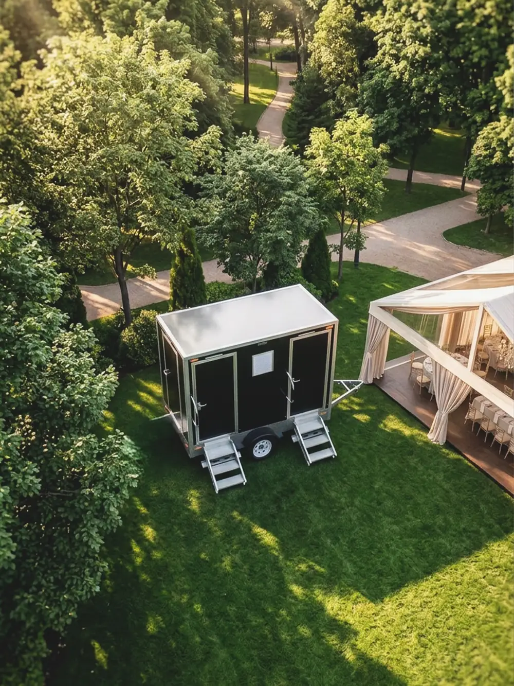 Aerial view of a restroom trailer on a lawn beside a wedding tent
