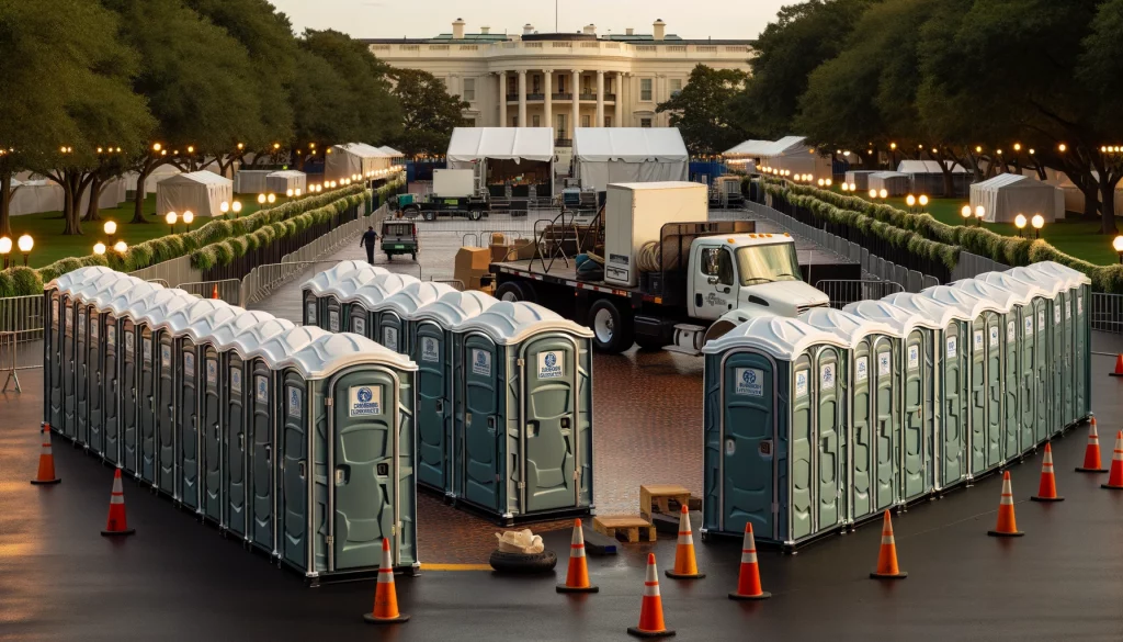 Festival porta potty bank with barricades in Manchester, New Hampshire